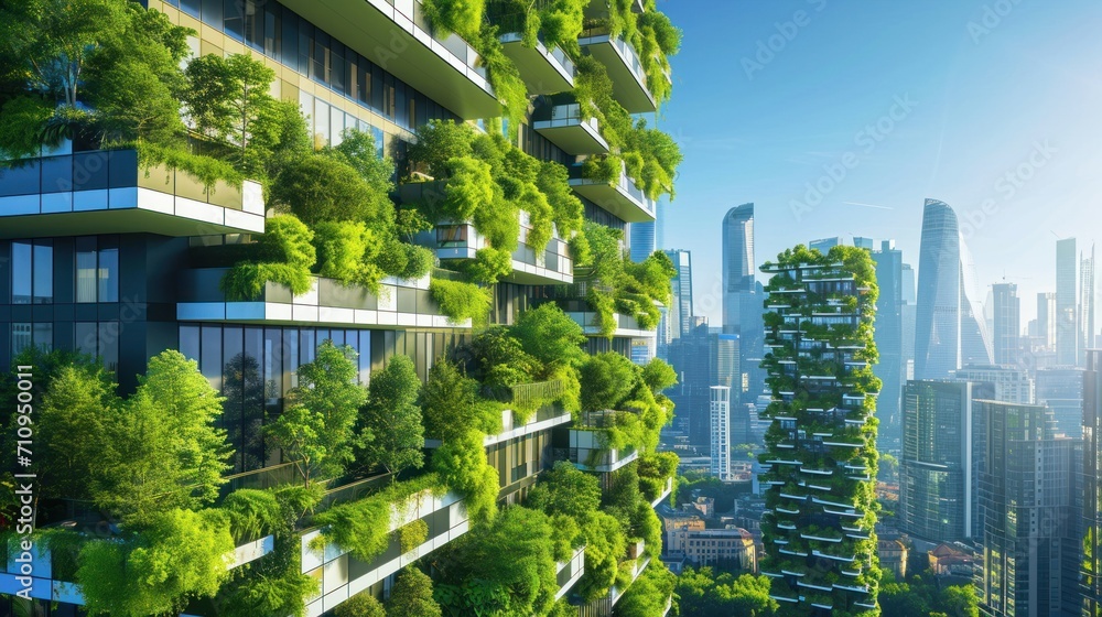 modern and futuristic residential buildings with lots of greenery on the balcony, vertical gardens. concept nature, plants, clean air, ecology