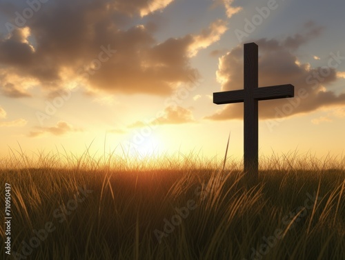 Easter Christian cross on a field against the backdrop of sunset. concept Easter, religion, Christ, faith, holiday straight view