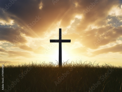 Easter Christian cross on a field against the backdrop of sunset. concept Easter, religion, Christ, faith, holiday straight view © Aksana