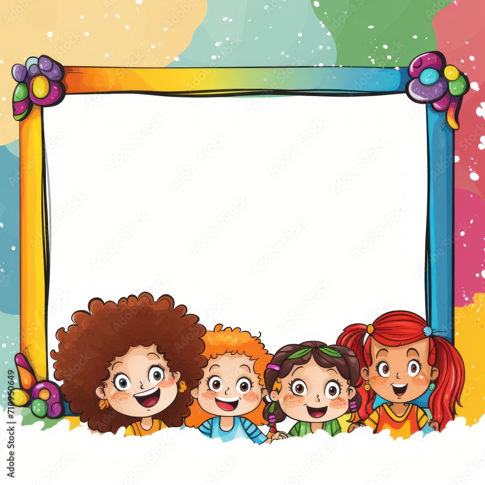 Obraz premium card frame illustration with empty space in the middle with a picture of joyful happy drawn children around the edge. concept: childhood, children's drawing, drawing, banner,