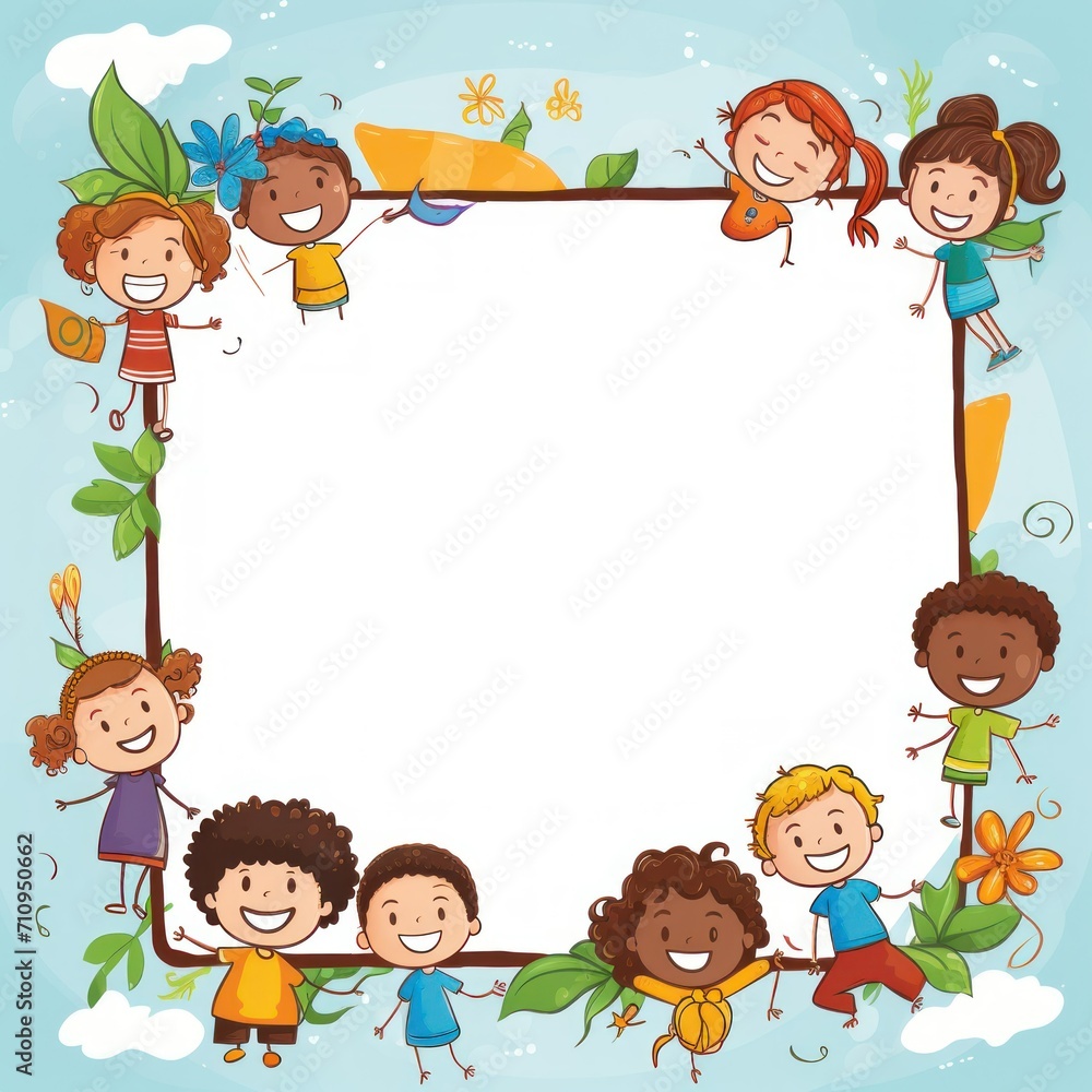 frame illustration with empty space in the middle with a picture of joyful happy drawn children around the edge. concept: childhood, children's drawing, drawing, banner, frame illustration with empty space in the middle with a picture of joyful happy drawn children around the edge. concept: childhood, children's drawing, drawing, banner,