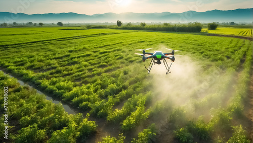 drone flies and sprays green plants in the beds modern