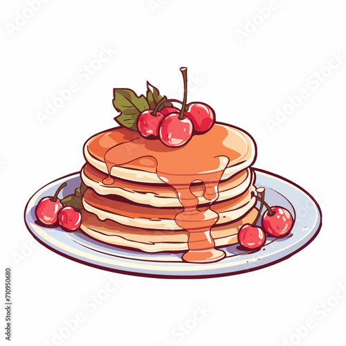 illustration of pancakes sprinkled with honey and cherries, isolated on white