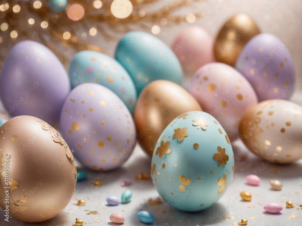 Fototapeta premium Soft pastel Easter eggs adorned with golden spots lie gently on a glittering surface, with a magical bokeh background enhancing their charm