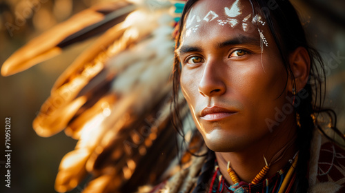 Portrait of a male native American Indian wearing traditional clothing photo