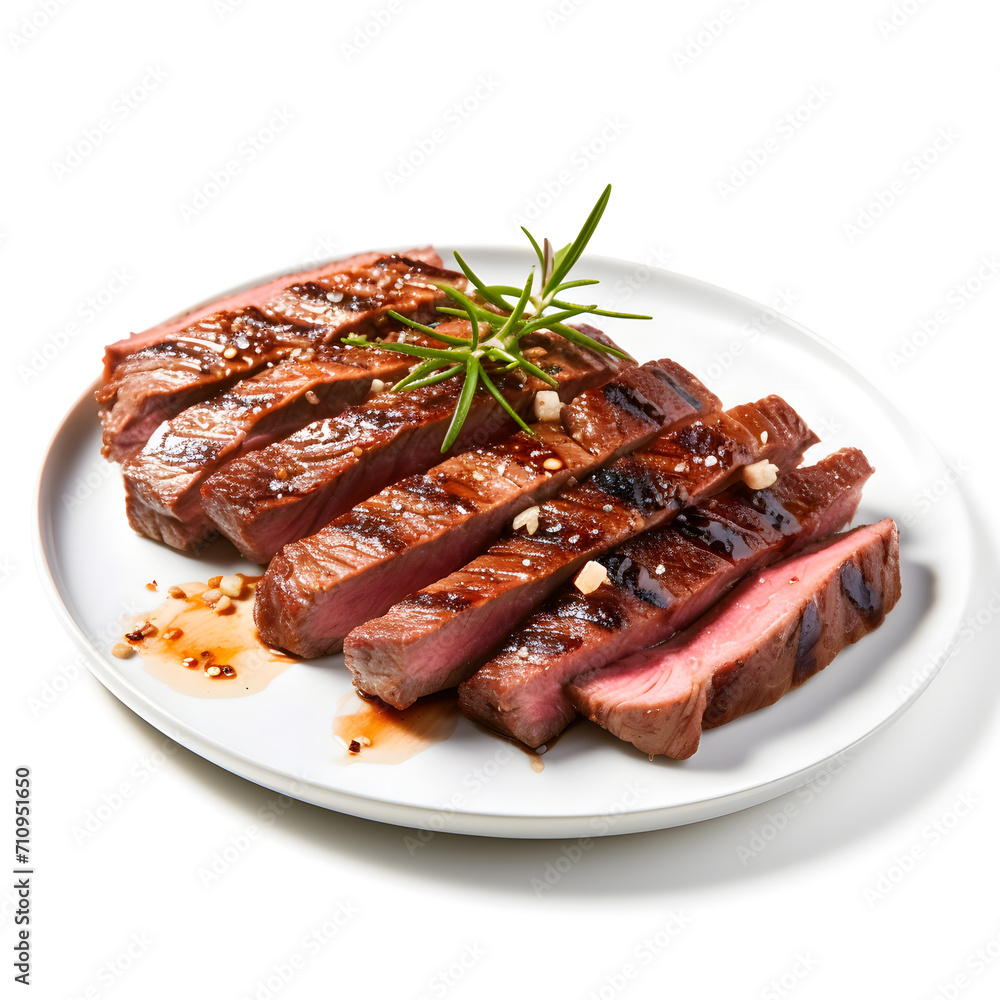 succulent grilled steak with fresh herbs and citrus slices on a plate, vibrant color, isolated on white succulent grilled steak with fresh herbs and citrus slices on a plate, vibrant color, isolated on white