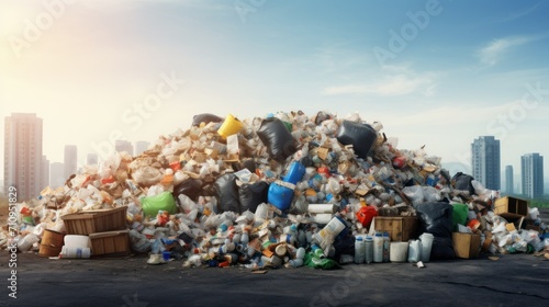 a pile of garbage on a city background, ecology concept, garbage, plastic