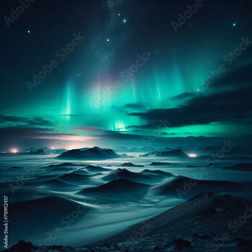 Aurora borealis over snowy mountain landscape at night