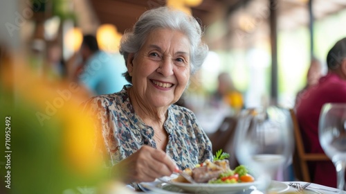 portrait of a retired happy elderly woman of European appearance celebrates a holiday in a restaurant  eats. concept  elderly health  old age  nutrition