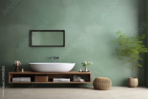 Bathroom With Green Wall And Brown Elements