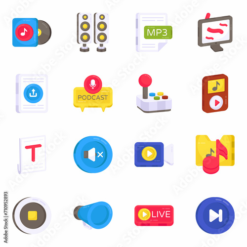 Pack of Media Accessories Flat Icons

