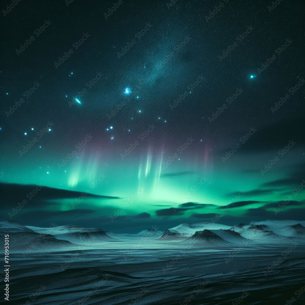 Aurora borealis over snowy mountain landscape at night