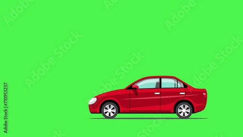 2D animated red car stops and moving right to left isolated with shadow on Green Screen Background. Animated video. Can be used in cartoons. Royalty free. photo