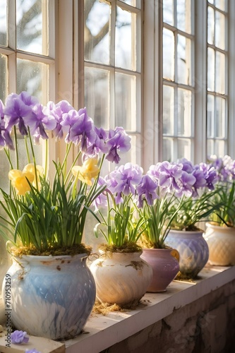 irises in pots stand on the window, spring flowers