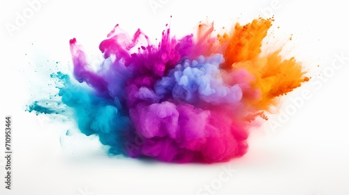 A colorful mix of rainbow powder explosion that is isolated on a white background