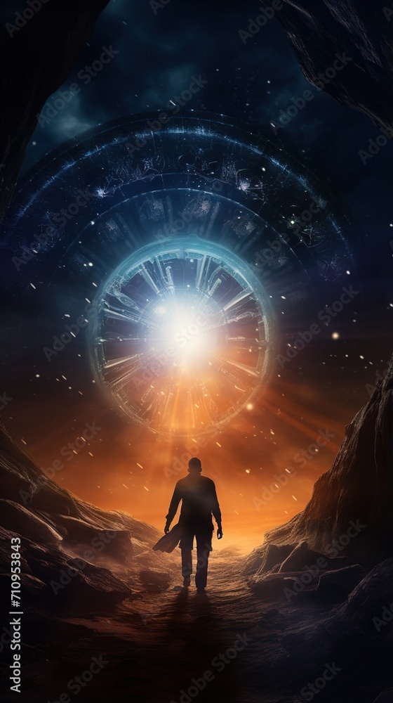 Man walking towards a portal in the desert Man walking towards a portal in the desert