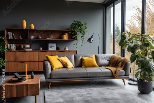 A Stylish Living Room With a Gray Sofa and Yellow Accents