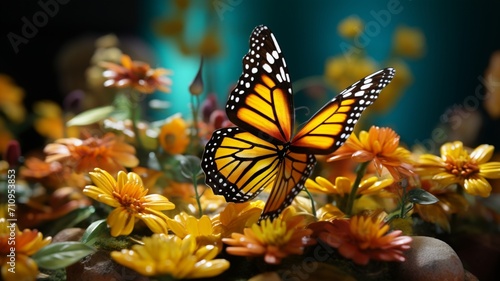 A mesmerizing butterfly with translucent wings, resting on a vibrant jungle flower -Generative Ai © Online Jack Oliver