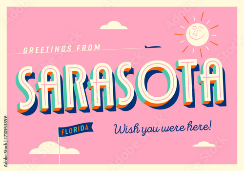 Greetings from Sarasota, Florida, USA - Wish you were here! - Touristic Postcard. Vector Illustration.