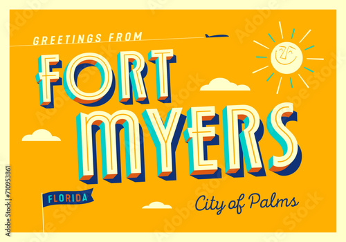 Greetings from Fort Myers, Florida, USA - City of Palms - Touristic Postcard. Vector Illustration. photo