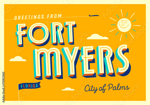 Greetings from Fort Myers, Florida, USA - City of Palms - Touristic Postcard. Vector Illustration.