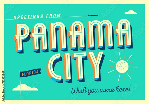Greetings from Panama City, Florida, USA - Wish you were here! - Touristic Postcard. Vector Illustration.