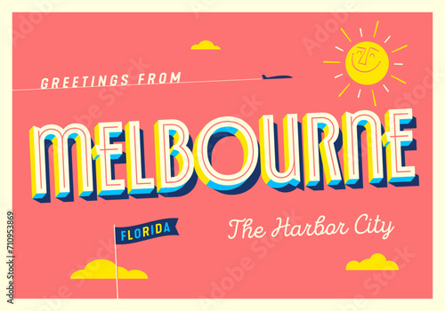 Greetings from Melbourne, Florida, USA - The Harbor City - Touristic Postcard. Vector Illustration.