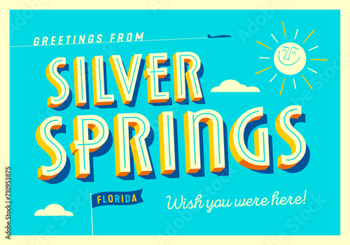 Greetings from Silver Springs, Florida, USA - Wish you were here! - Touristic Postcard. Vector Illustration.