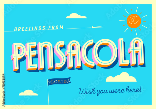 Greetings from Pensacola, Florida, USA - Wish you were here! - Touristic Postcard. Vector Illustration.
