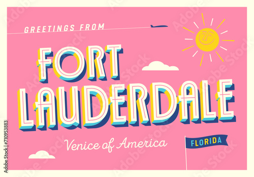 Greetings from Fort Lauderdale, Florida, USA - Venice of America - Touristic Postcard. Vector Illustration.