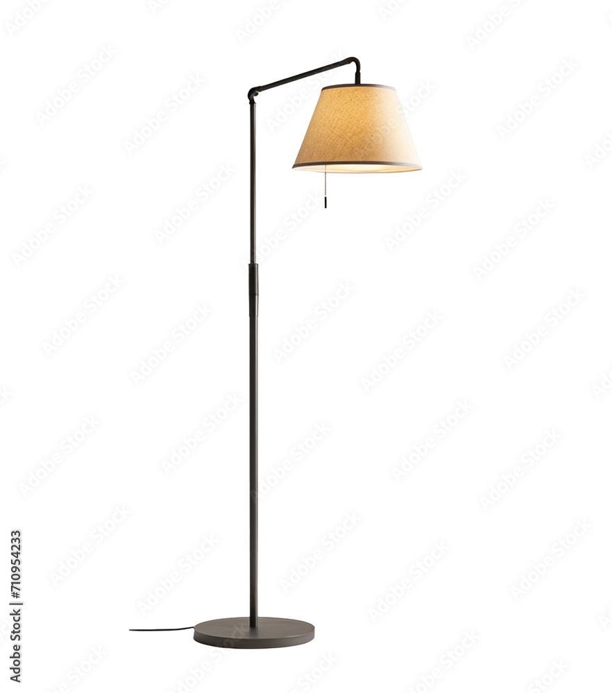 A modern floor lamp with a sleek metal frame and a neutral shade, isolated against a transparent background. Isolated lighting fixture for interior design. A modern floor lamp with a sleek metal frame and a neutral shade, isolated against a transparent background. Isolated lighting fixture for interior design.