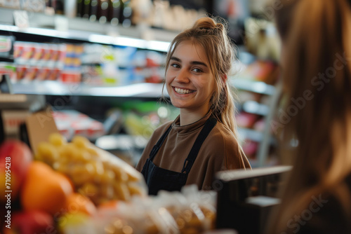 Smiling cashier at grocery store © kossovskiy