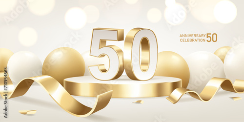 50th Anniversary celebration background. Golden 3D numbers on round podium with golden ribbons and balloons with bokeh lights in background.
