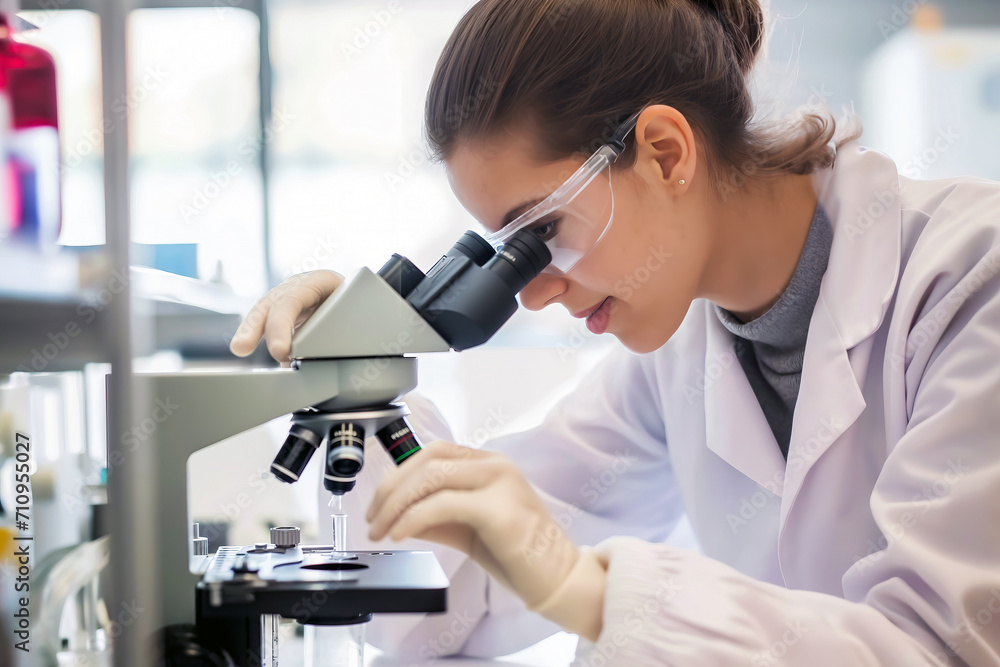 Woman in Lab Coat Examining Microorganism Through Microscope Woman in Lab Coat Examining Microorganism Through Microscope