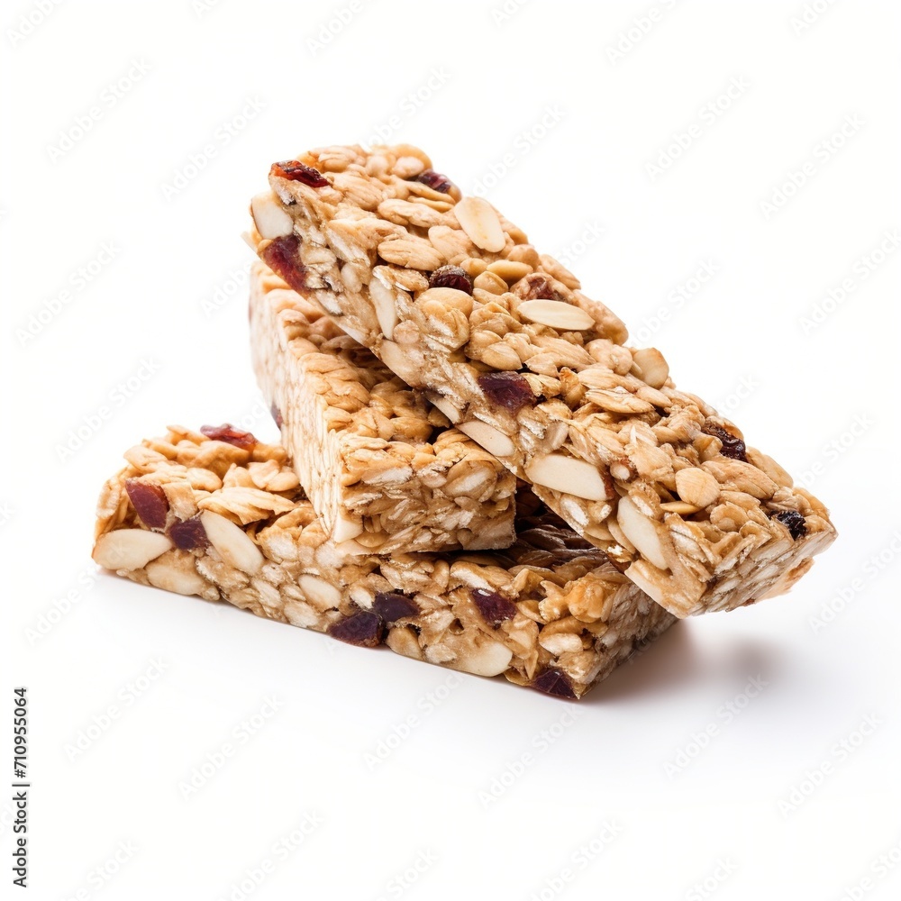 Three stacked oat and nut granola bars Three stacked oat and nut granola bars