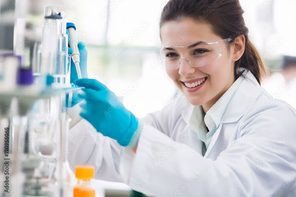 Woman in Lab Coat and Goggles Working on a Pipe in a Laboratory Woman in Lab Coat and Goggles Working on a Pipe in a Laboratory
