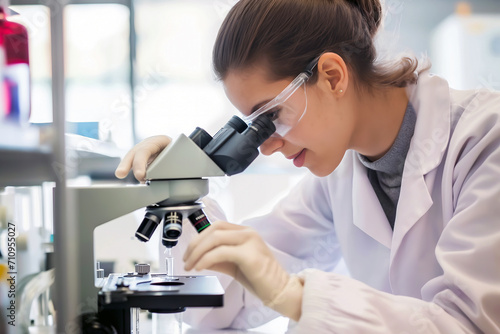 Woman in Lab Coat Examining Microorganism Through Microscope