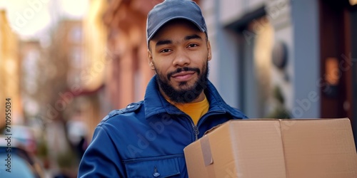 courier delivering parcels with a box in his hands Generative AI photo