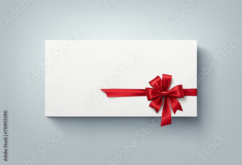 White paper card with gift red satin bow. ard Design. Valentines Day, Mothers Day, Birthday, Wedding, Invitation, Card Design
