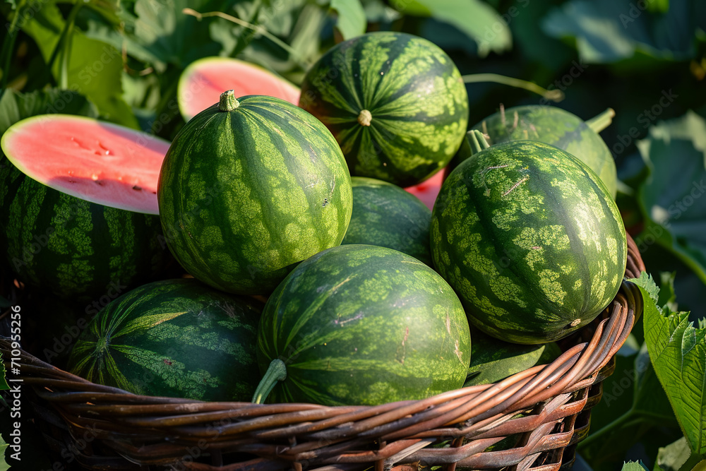 basket of juicy watermelons, with a few still whole