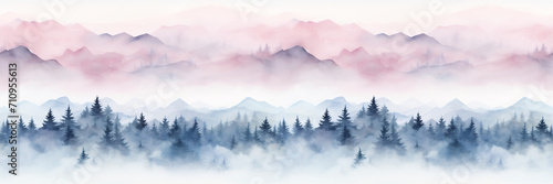 Seamless pattern with mountains and pine trees in blue and pink colors. Hand drawn watercolor mountain landscape seamless border. For print  graphic design  postcard  wallpaper  wrapping paper