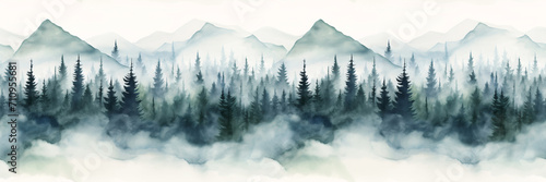 Seamless border with hand painted watercolor mountains and pine trees. Seamless pattern with panoramic landscape in green and white colors. For print, graphic design, wallpaper, paper © Milan