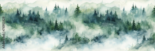 Seamless border with hand painted watercolor mountains and pine trees. Seamless pattern with panoramic landscape in green and white colors. For print  graphic design  wallpaper  paper