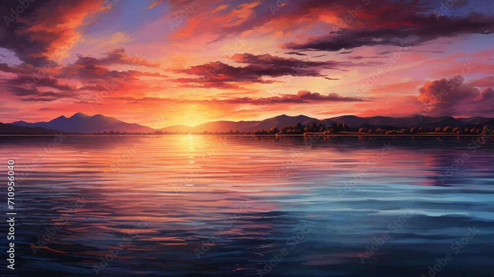 A mesmerizing sunset over a tranquil ocean bay with vibrant hues of orange and pink reflecting on the water's surface -Generative Ai