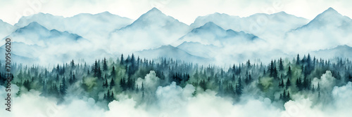 Seamless border with hand painted watercolor mountains and pine trees. Seamless pattern with panoramic landscape in green and blue colors. For print, graphic design, wallpaper, paper