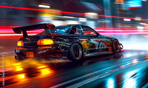 Urban setting, a fast car streaks through the streets against a backdrop of neon lights with blurred motion