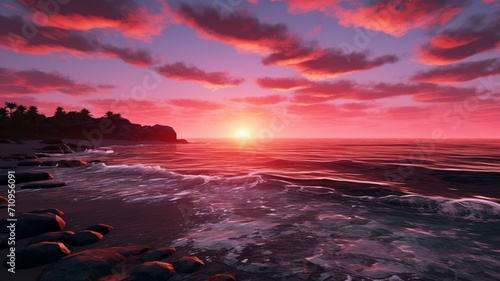 A mesmerizing sunset over a tranquil ocean bay with vibrant hues of orange and pink reflecting on the water's surface -Generative Ai