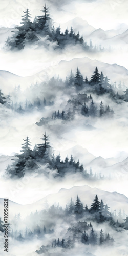 Seamless pattern with foggy mountains and pine trees forest in black and white colors. Hand drawn watercolor mountain landscape pattern. For print, graphic design, wallpaper, wrapping paper