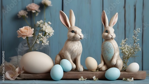 The theme is a light blue "Easter egg" representing the sky and health. A rabbit object and a blue egg are on a colored board with a light blue painted flooring. greeting card.  © wagstock