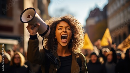 Young woman shouting into a megaphone at a protest © duyina1990